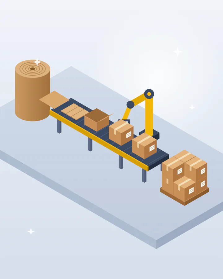 Ilustração de uma linha de produção de caixas de papelão